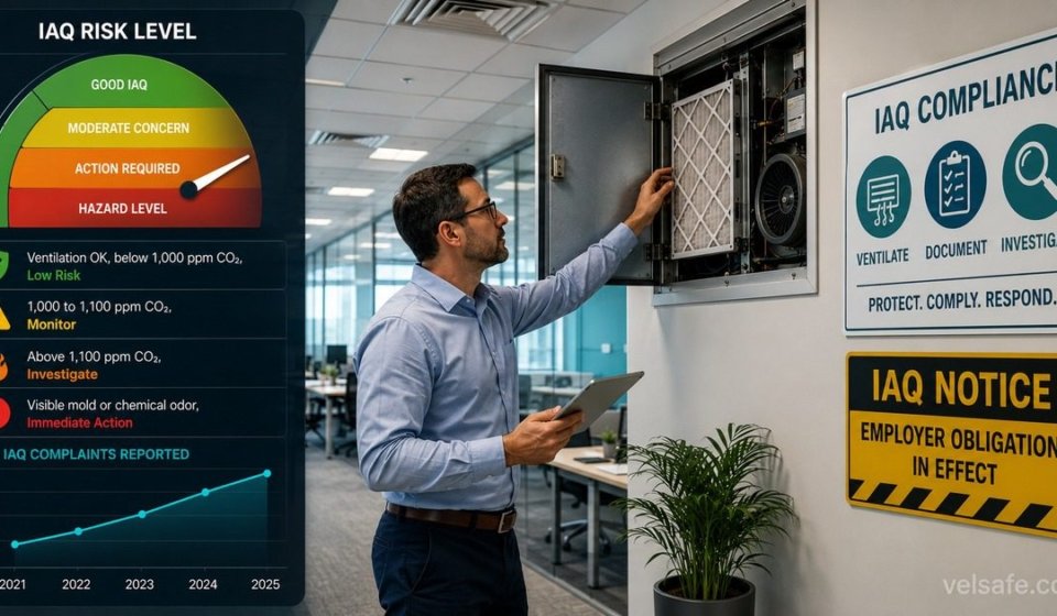 Indoor air quality law compliance infographic showing a facilities manager inspecting an HVAC system in a modern office with an IAQ risk gauge overlay, CO2 level bands, complaint trend chart, and employer obligation signage.