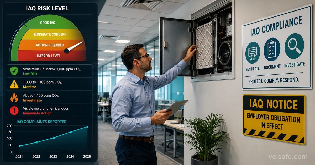 Indoor air quality law compliance infographic showing a facilities manager inspecting an HVAC system in a modern office with an IAQ risk gauge overlay, CO2 level bands, complaint trend chart, and employer obligation signage.