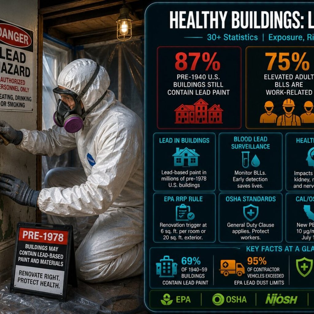 Infographic on healthy buildings lead awareness showing 30+ statistics: 87% of pre-1940 U.S. buildings estimated to contain lead paint, 75% of adult elevated blood lead levels linked to workplace exposure, Cal/OSHA new PEL of 10 µg/m3 in 2025, EPA RRP Rule trigger at 6 square feet, and $6,500 annual per-employee productivity gain from healthy buildings investment.