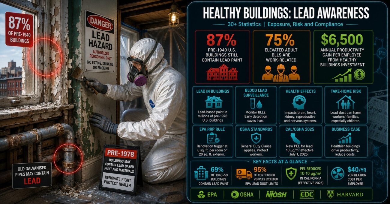 Infographic on healthy buildings lead awareness showing 30+ statistics: 87% of pre-1940 U.S. buildings estimated to contain lead paint, 75% of adult elevated blood lead levels linked to workplace exposure, Cal/OSHA new PEL of 10 µg/m3 in 2025, EPA RRP Rule trigger at 6 square feet, and $6,500 annual per-employee productivity gain from healthy buildings investment.