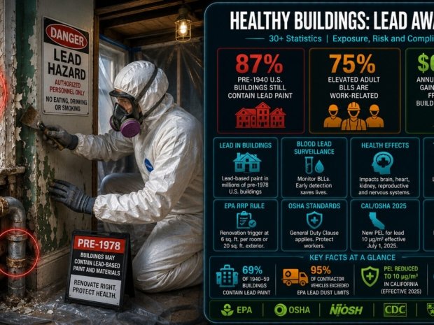 Infographic on healthy buildings lead awareness showing 30+ statistics: 87% of pre-1940 U.S. buildings estimated to contain lead paint, 75% of adult elevated blood lead levels linked to workplace exposure, Cal/OSHA new PEL of 10 µg/m3 in 2025, EPA RRP Rule trigger at 6 square feet, and $6,500 annual per-employee productivity gain from healthy buildings investment.