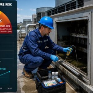 Mold awareness practice test featured image showing a female inspector in protective gear examining black ceiling mold in a dark stairwell with an EPA mold remediation scope comparison table and barrier tape reading mold hazard do not enter.