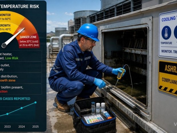 Mold awareness practice test featured image showing a female inspector in protective gear examining black ceiling mold in a dark stairwell with an EPA mold remediation scope comparison table and barrier tape reading mold hazard do not enter.