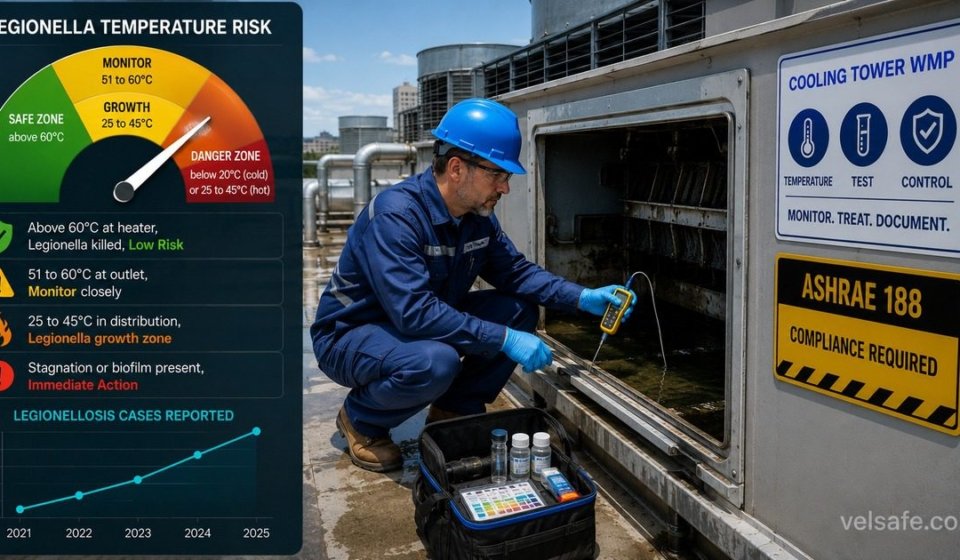 Mold awareness practice test featured image showing a female inspector in protective gear examining black ceiling mold in a dark stairwell with an EPA mold remediation scope comparison table and barrier tape reading mold hazard do not enter.