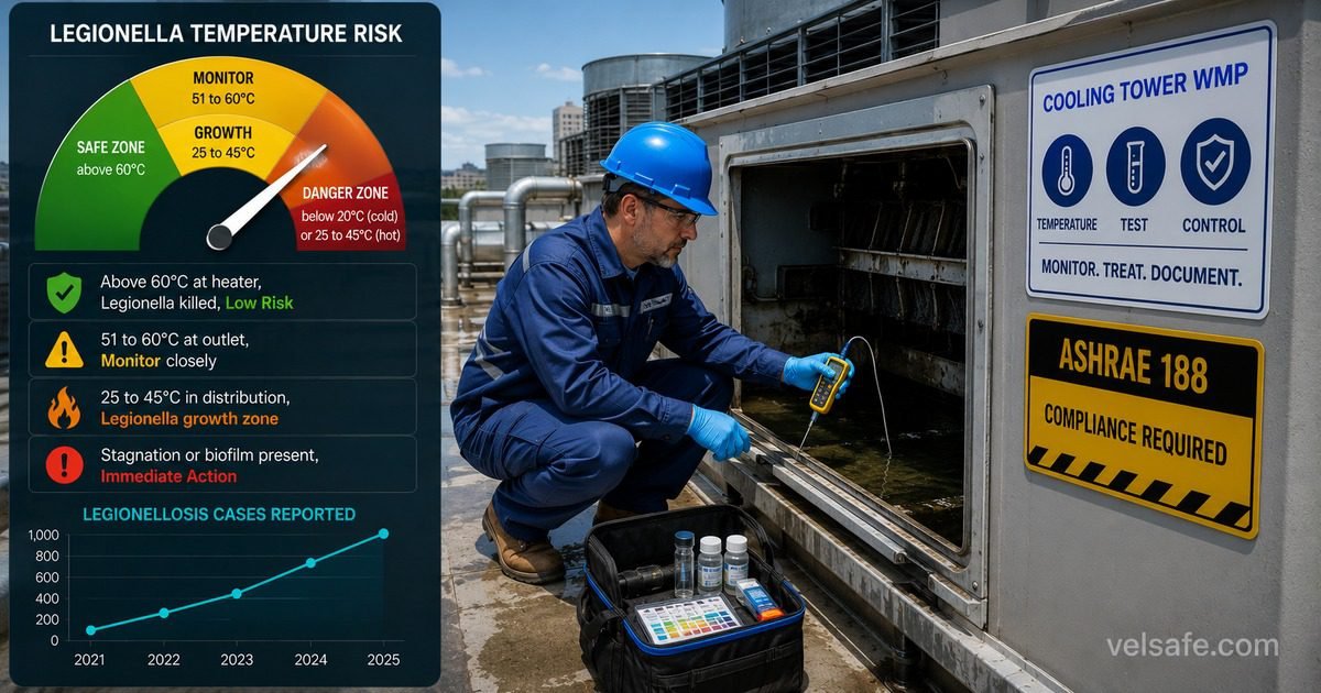 Mold awareness practice test featured image showing a female inspector in protective gear examining black ceiling mold in a dark stairwell with an EPA mold remediation scope comparison table and barrier tape reading mold hazard do not enter.