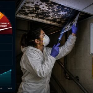 Legionella water management guide featured image showing a water treatment technician testing cooling tower water on a rooftop with a 4-stat grid showing 6,000 annual cases, 25 to 45C growth zone, 60C kill temperature, and ASHRAE 188 compliance standard.