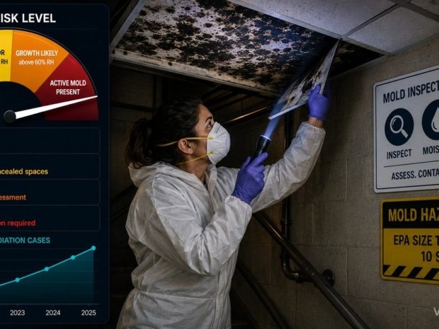Legionella water management guide featured image showing a water treatment technician testing cooling tower water on a rooftop with a 4-stat grid showing 6,000 annual cases, 25 to 45C growth zone, 60C kill temperature, and ASHRAE 188 compliance standard.