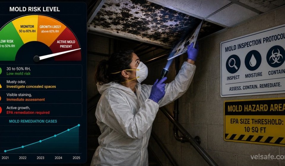 Legionella water management guide featured image showing a water treatment technician testing cooling tower water on a rooftop with a 4-stat grid showing 6,000 annual cases, 25 to 45C growth zone, 60C kill temperature, and ASHRAE 188 compliance standard.