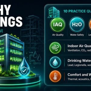 Healthy buildings suite practice test infographic showing IAQ, drinking water, thermal comfort, acoustic quality, and WELL Building wellness domain questions.
