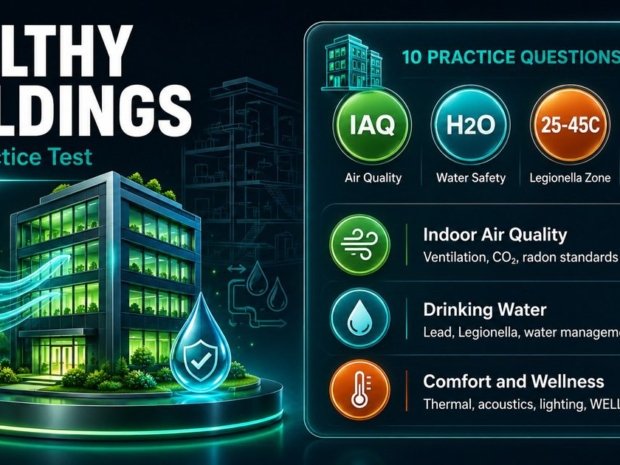 Healthy buildings suite practice test infographic showing IAQ, drinking water, thermal comfort, acoustic quality, and WELL Building wellness domain questions.