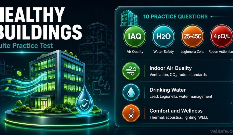 Healthy buildings suite practice test infographic showing IAQ, drinking water, thermal comfort, acoustic quality, and WELL Building wellness domain questions.