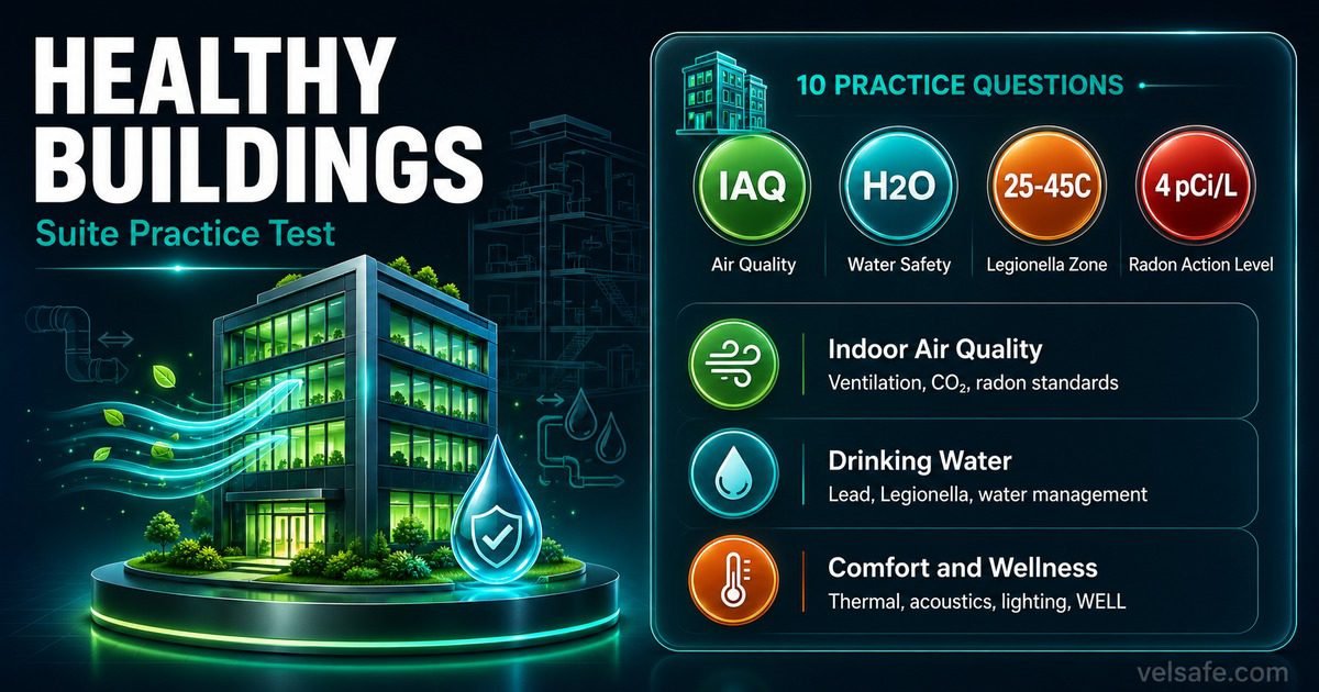 Healthy buildings suite practice test infographic showing IAQ, drinking water, thermal comfort, acoustic quality, and WELL Building wellness domain questions.