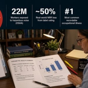 Hearing conservation awareness featured image showing a female EHS manager reviewing a printed audiometric results report with a rising STS trend chart, a donut chart breaking down STS root causes in the top bar overlay, and three OSHA and NIOSH statistics.