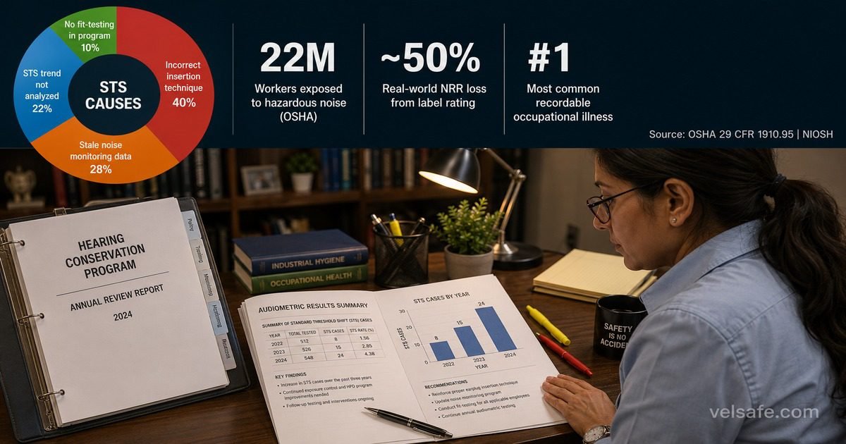 Hearing conservation awareness featured image showing a female EHS manager reviewing a printed audiometric results report with a rising STS trend chart, a donut chart breaking down STS root causes in the top bar overlay, and three OSHA and NIOSH statistics.
