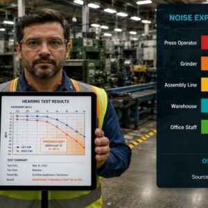 Hearing conservation tips featured image showing a safety manager in a manufacturing facility holding a tablet with audiogram results, a noise exposure bar chart by job role, OSHA action level marker, and an HPE required dispenser on the factory floor.