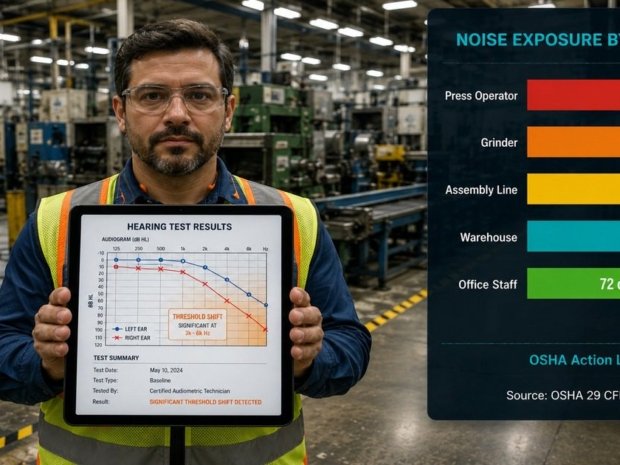 Hearing conservation tips featured image showing a safety manager in a manufacturing facility holding a tablet with audiogram results, a noise exposure bar chart by job role, OSHA action level marker, and an HPE required dispenser on the factory floor.
