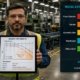 Hearing conservation tips featured image showing a safety manager in a manufacturing facility holding a tablet with audiogram results, a noise exposure bar chart by job role, OSHA action level marker, and an HPE required dispenser on the factory floor.