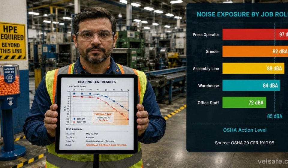 Hearing conservation tips featured image showing a safety manager in a manufacturing facility holding a tablet with audiogram results, a noise exposure bar chart by job role, OSHA action level marker, and an HPE required dispenser on the factory floor.