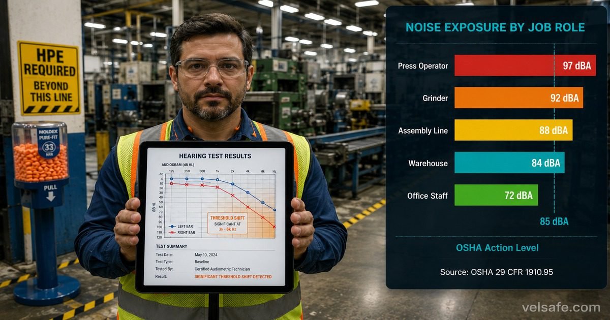 Hearing conservation tips featured image showing a safety manager in a manufacturing facility holding a tablet with audiogram results, a noise exposure bar chart by job role, OSHA action level marker, and an HPE required dispenser on the factory floor.