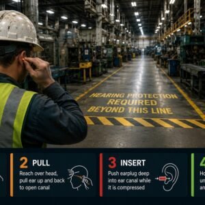 Hearing conservation worker safety featured image showing a factory worker walking toward a noise hazard floor marking while inserting earplugs, with a 4-step earplug insertion guide in the bottom bar and OSHA 29 CFR 1910.95 source reference.