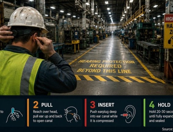 Hearing conservation worker safety featured image showing a factory worker walking toward a noise hazard floor marking while inserting earplugs, with a 4-step earplug insertion guide in the bottom bar and OSHA 29 CFR 1910.95 source reference.
