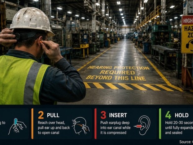 Hearing conservation worker safety featured image showing a factory worker walking toward a noise hazard floor marking while inserting earplugs, with a 4-step earplug insertion guide in the bottom bar and OSHA 29 CFR 1910.95 source reference.