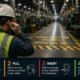 Hearing conservation worker safety featured image showing a factory worker walking toward a noise hazard floor marking while inserting earplugs, with a 4-step earplug insertion guide in the bottom bar and OSHA 29 CFR 1910.95 source reference.