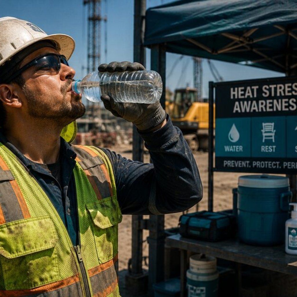 A worker in PPE drinking water at a heat rest station with a heat warning sign and Water Rest Shade signage visible in the background