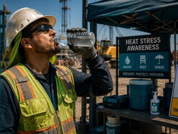 A worker in PPE drinking water at a heat rest station with a heat warning sign and Water Rest Shade signage visible in the background