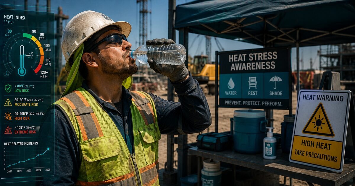 A worker in PPE drinking water at a heat rest station with a heat warning sign and Water Rest Shade signage visible in the background