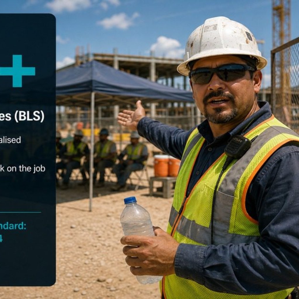 Heat stress law featured image showing a construction site supervisor facing camera on a hot outdoor worksite with a water bottle, a large 36-plus heat fatality stat overlay on the left, and a heat illness prevention plan laminated notice on a site fence.
