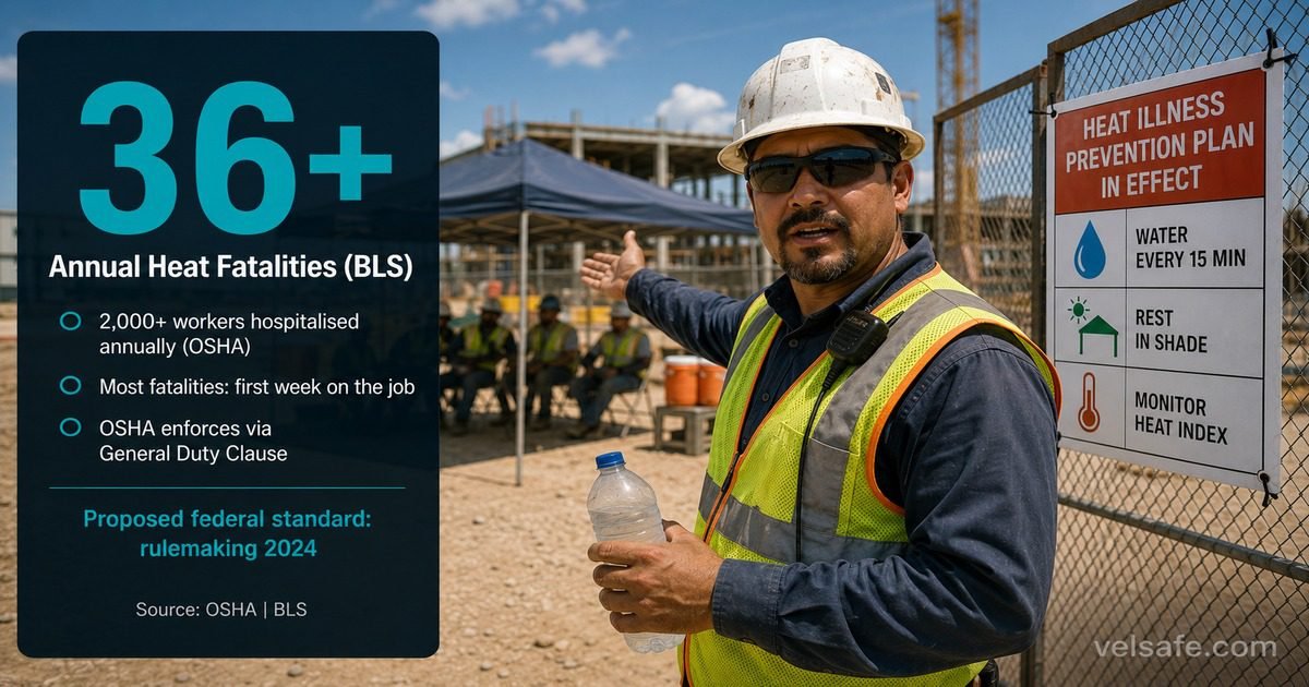 Heat stress law featured image showing a construction site supervisor facing camera on a hot outdoor worksite with a water bottle, a large 36-plus heat fatality stat overlay on the left, and a heat illness prevention plan laminated notice on a site fence.