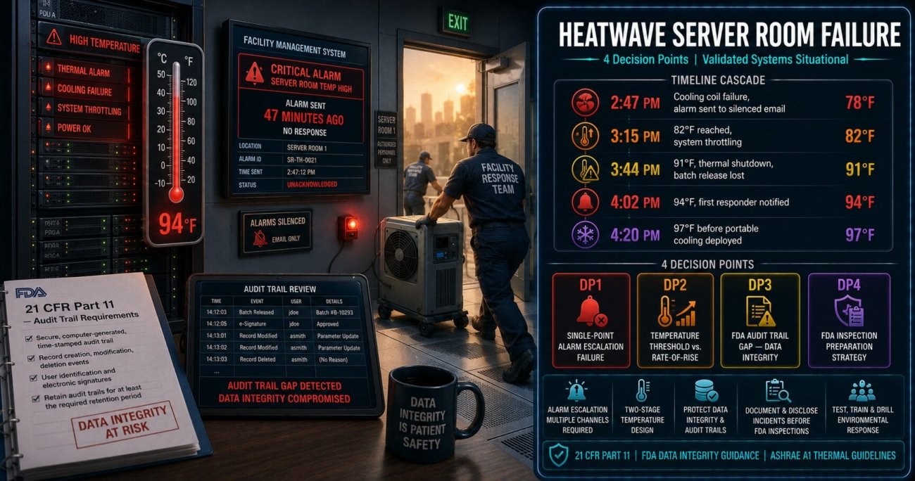 Heatwave server room failure situational guide for pharmaceutical sites covering four decision points on alarm escalation single-point failure, two-stage temperature threshold design, FDA 21 CFR Part 11 audit trail gaps and inspection disclosure strategy