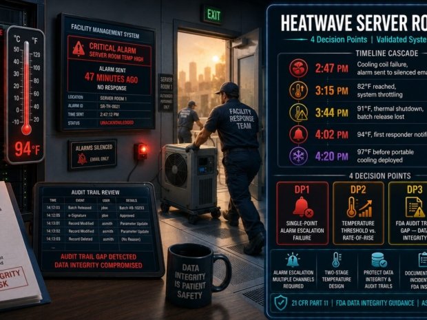 Heatwave server room failure situational guide for pharmaceutical sites covering four decision points on alarm escalation single-point failure, two-stage temperature threshold design, FDA 21 CFR Part 11 audit trail gaps and inspection disclosure strategy