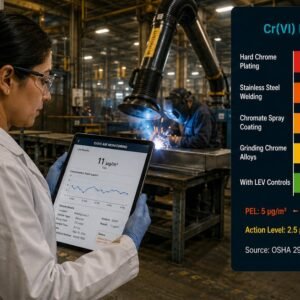 Hexavalent chromium compliance guide featured image showing a female industrial hygienist reviewing Cr(VI) air monitoring results on a tablet in an industrial facility, with a bar chart comparing exposure levels across operations against OSHA PEL and action level thresholds on the right panel.