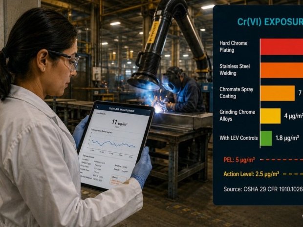 Hexavalent chromium compliance guide featured image showing a female industrial hygienist reviewing Cr(VI) air monitoring results on a tablet in an industrial facility, with a bar chart comparing exposure levels across operations against OSHA PEL and action level thresholds on the right panel.