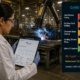 Hexavalent chromium compliance guide featured image showing a female industrial hygienist reviewing Cr(VI) air monitoring results on a tablet in an industrial facility, with a bar chart comparing exposure levels across operations against OSHA PEL and action level thresholds on the right panel.