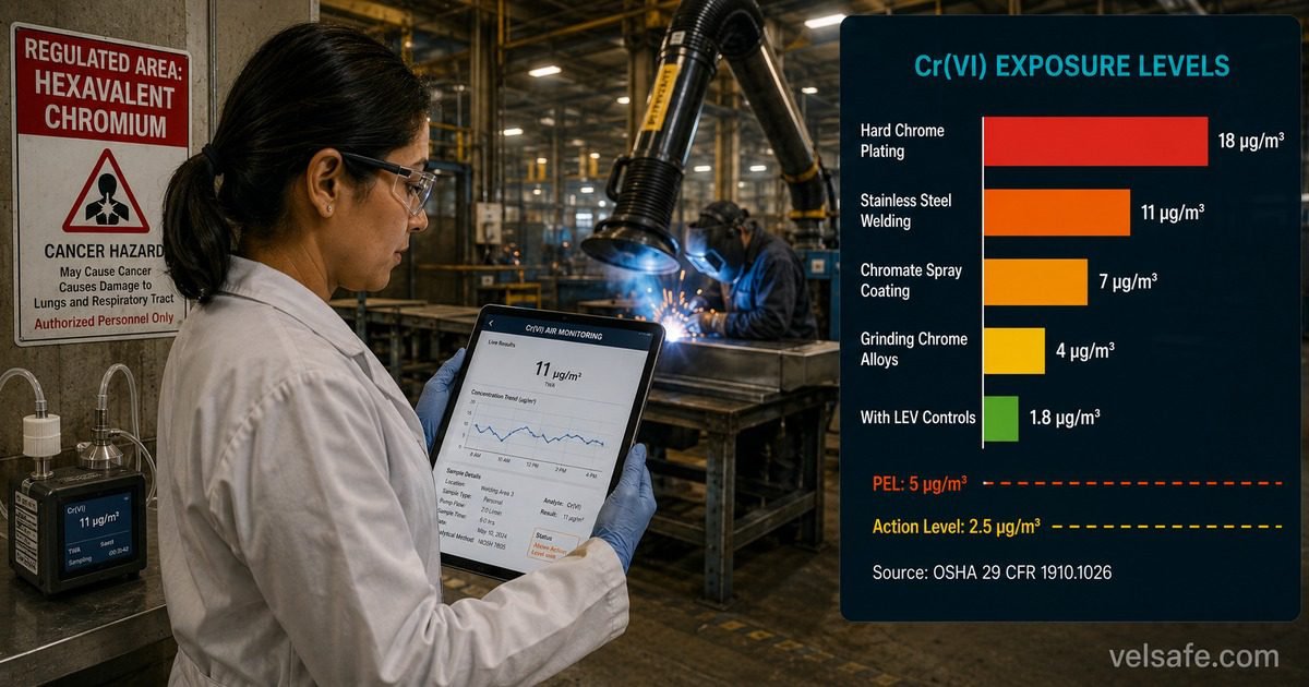 Hexavalent chromium compliance guide featured image showing a female industrial hygienist reviewing Cr(VI) air monitoring results on a tablet in an industrial facility, with a bar chart comparing exposure levels across operations against OSHA PEL and action level thresholds on the right panel.