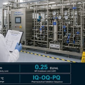 High purity water systems practice test featured image showing a pharmaceutical quality engineer reviewing a validation report in front of a stainless steel water purification skid, with a 2x2 stat grid in the bottom bar showing USP conductivity limit, WFI endotoxin limit, hot loop temperature range, and IQ-OQ-PQ validation sequence.