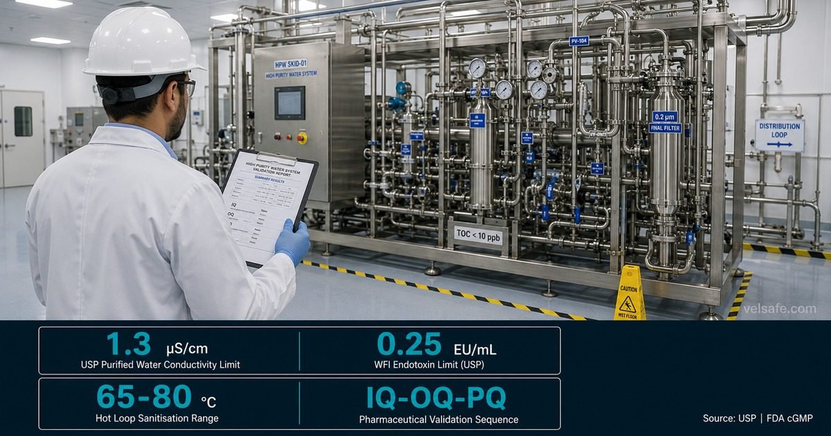 High purity water systems practice test featured image showing a pharmaceutical quality engineer reviewing a validation report in front of a stainless steel water purification skid, with a 2x2 stat grid in the bottom bar showing USP conductivity limit, WFI endotoxin limit, hot loop temperature range, and IQ-OQ-PQ validation sequence.