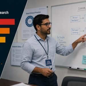 HIPAA impact on clinical research featured image showing a clinical research coordinator pointing at a whiteboard with an IRB and consent flowchart, with a horizontal bar chart comparing HIPAA risk levels across different research data types in a split diagonal overlay panel.