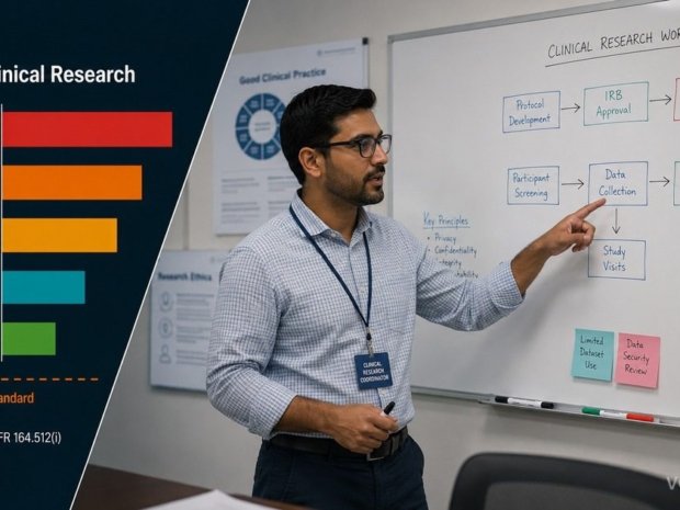 HIPAA impact on clinical research featured image showing a clinical research coordinator pointing at a whiteboard with an IRB and consent flowchart, with a horizontal bar chart comparing HIPAA risk levels across different research data types in a split diagonal overlay panel.
