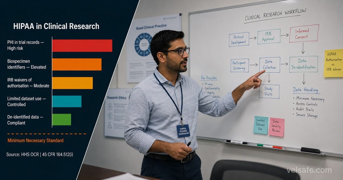 HIPAA impact on clinical research featured image showing a clinical research coordinator pointing at a whiteboard with an IRB and consent flowchart, with a horizontal bar chart comparing HIPAA risk levels across different research data types in a split diagonal overlay panel.