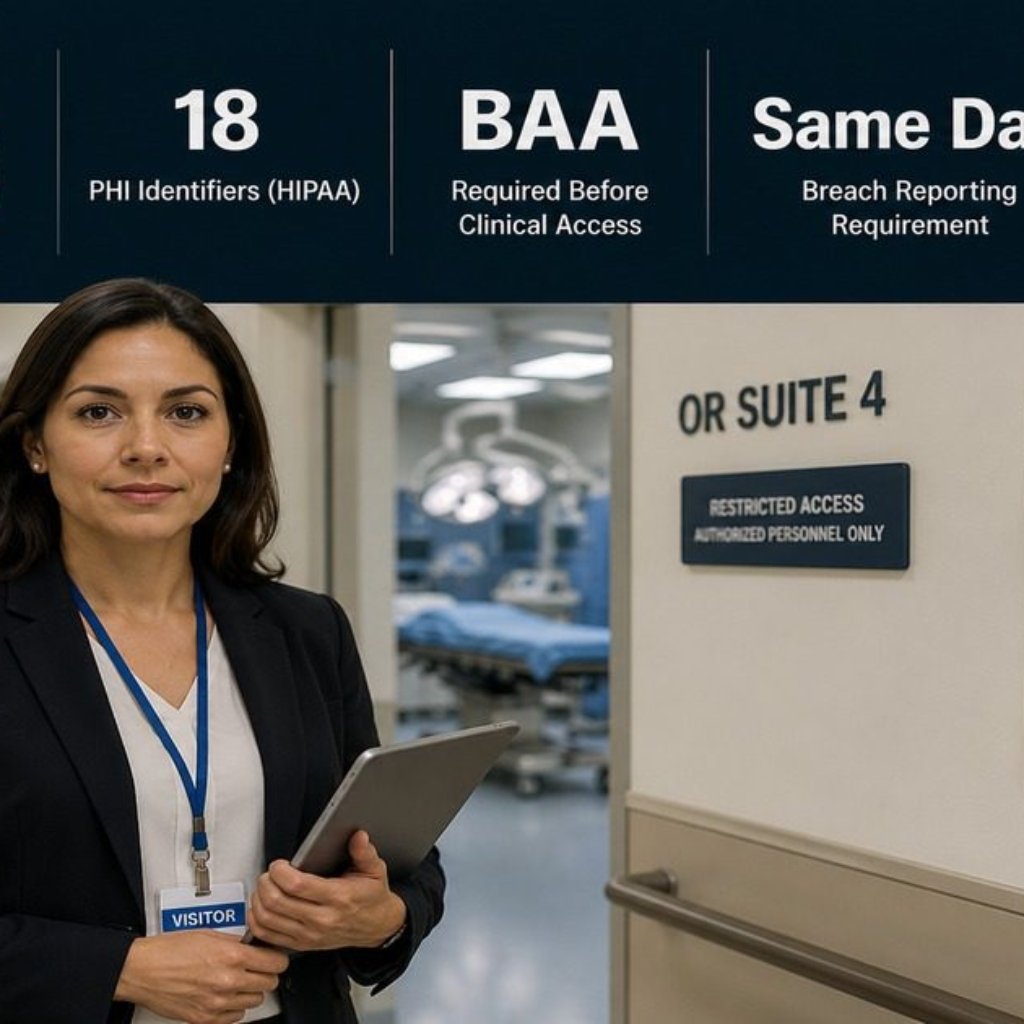 HIPAA privacy guide for medical device sales representatives featured image showing a female sales rep outside a hospital OR suite, with a donut chart of HIPAA risk categories and three key compliance stats in the top bar overlay.