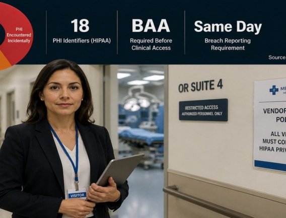 HIPAA privacy guide for medical device sales representatives featured image showing a female sales rep outside a hospital OR suite, with a donut chart of HIPAA risk categories and three key compliance stats in the top bar overlay.