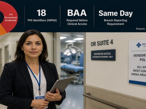 HIPAA privacy guide for medical device sales representatives featured image showing a female sales rep outside a hospital OR suite, with a donut chart of HIPAA risk categories and three key compliance stats in the top bar overlay.