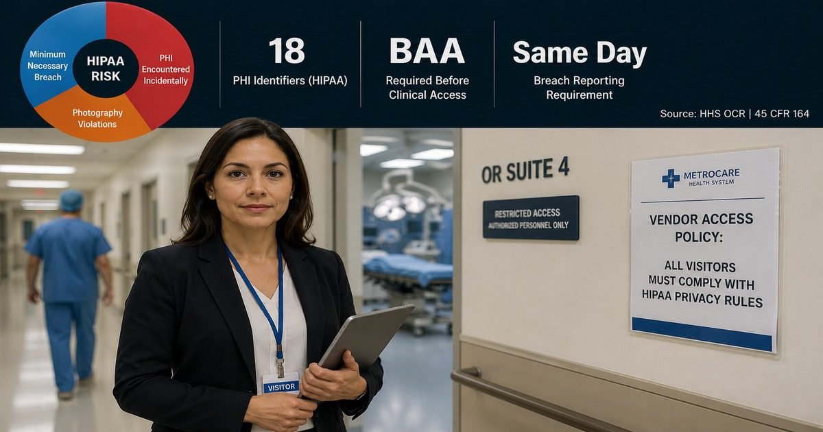 HIPAA privacy guide for medical device sales representatives featured image showing a female sales rep outside a hospital OR suite, with a donut chart of HIPAA risk categories and three key compliance stats in the top bar overlay.