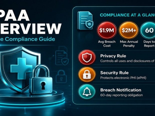 HIPAA compliance infographic showing covered entity types, PHI protections, Privacy Rule, Security Rule, breach notification obligations, and penalty tiers for US employers.