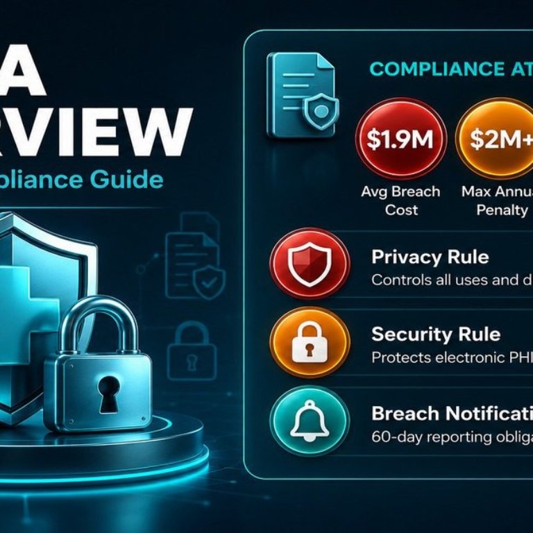 HIPAA compliance infographic showing covered entity types, PHI protections, Privacy Rule, Security Rule, breach notification obligations, and penalty tiers for US employers.