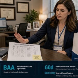 HIPAA pharmaceutical sales representatives featured image showing a female pharma sales rep looking at a patient prescribing list in a physician office with a concerned expression, and a 2x2 stat grid in the bottom bar showing HIPAA PHI identifiers, BAA requirement, breach notification window, and same-day reporting standard.
